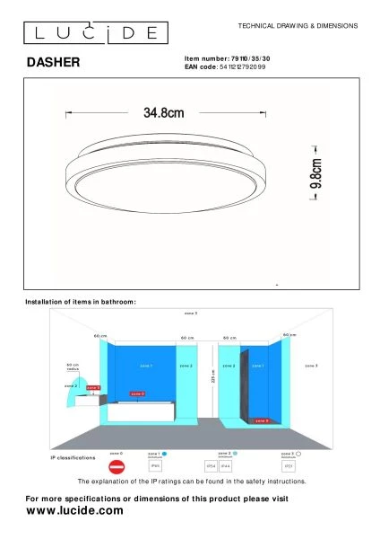 Lucide DASHER - Plafonnière Badkamer - Ø 34,8 cm - LED - 1x18W 2700K - IP44 - Bewegingssensor - Zwart - technisch